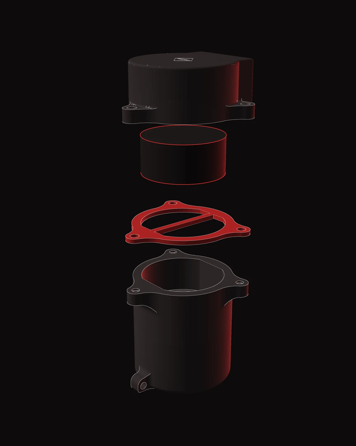 Exploded render of PRESION Rev 6: lid on top, the internal separation stack as a plain placeholder cylinder, a red TPU gasket, and the body at the bottom