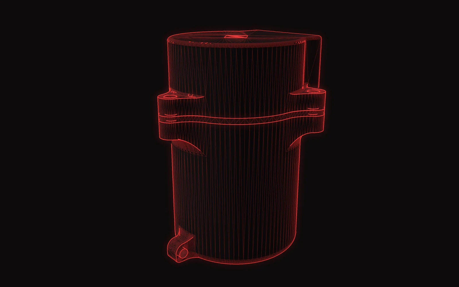 Red wireframe render of the PRESION Rev 6 catch can on a dark background, showing the body, lid, clamp ears and drain boss