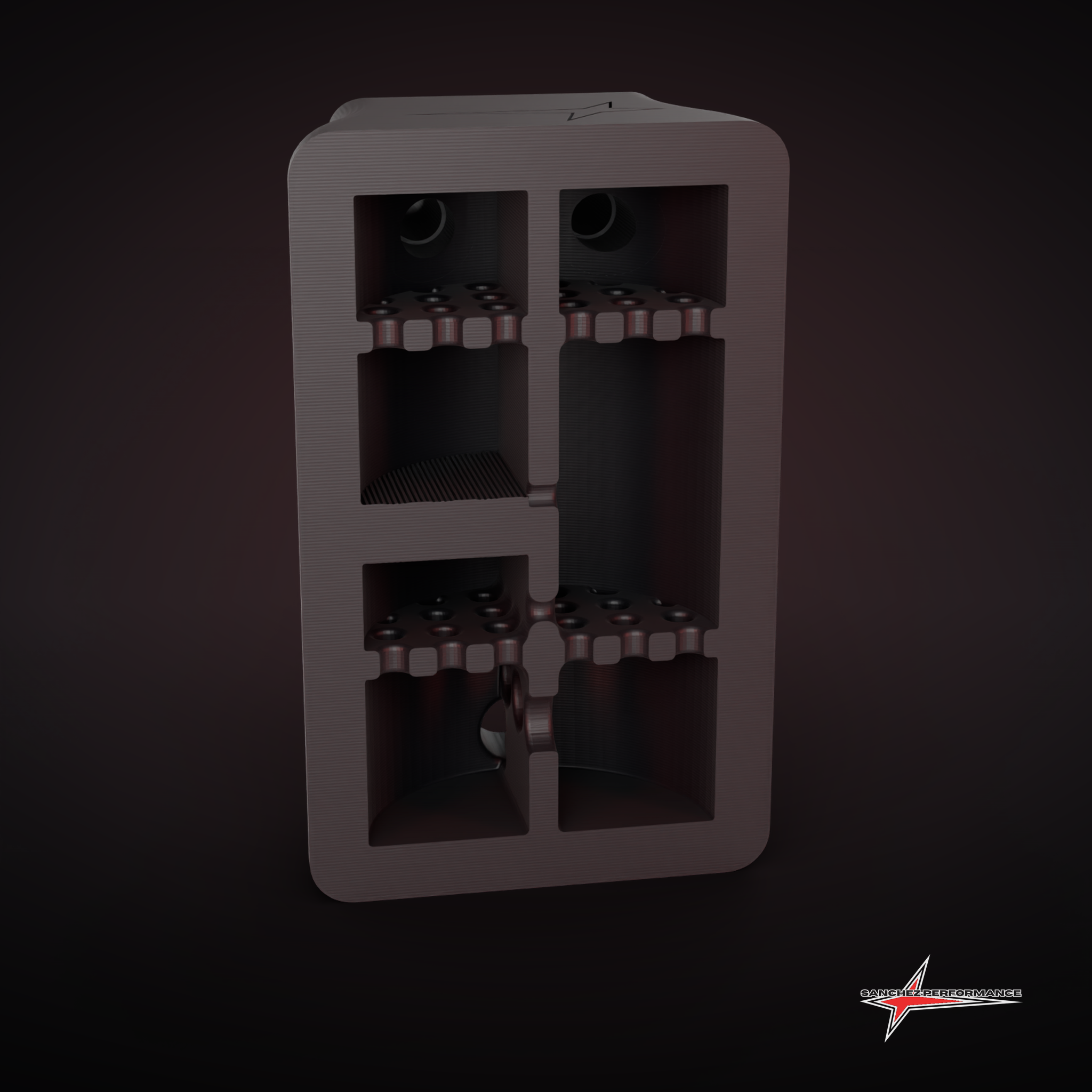 Front cross-section render of the PRESION catch can showing all five internal separation stages