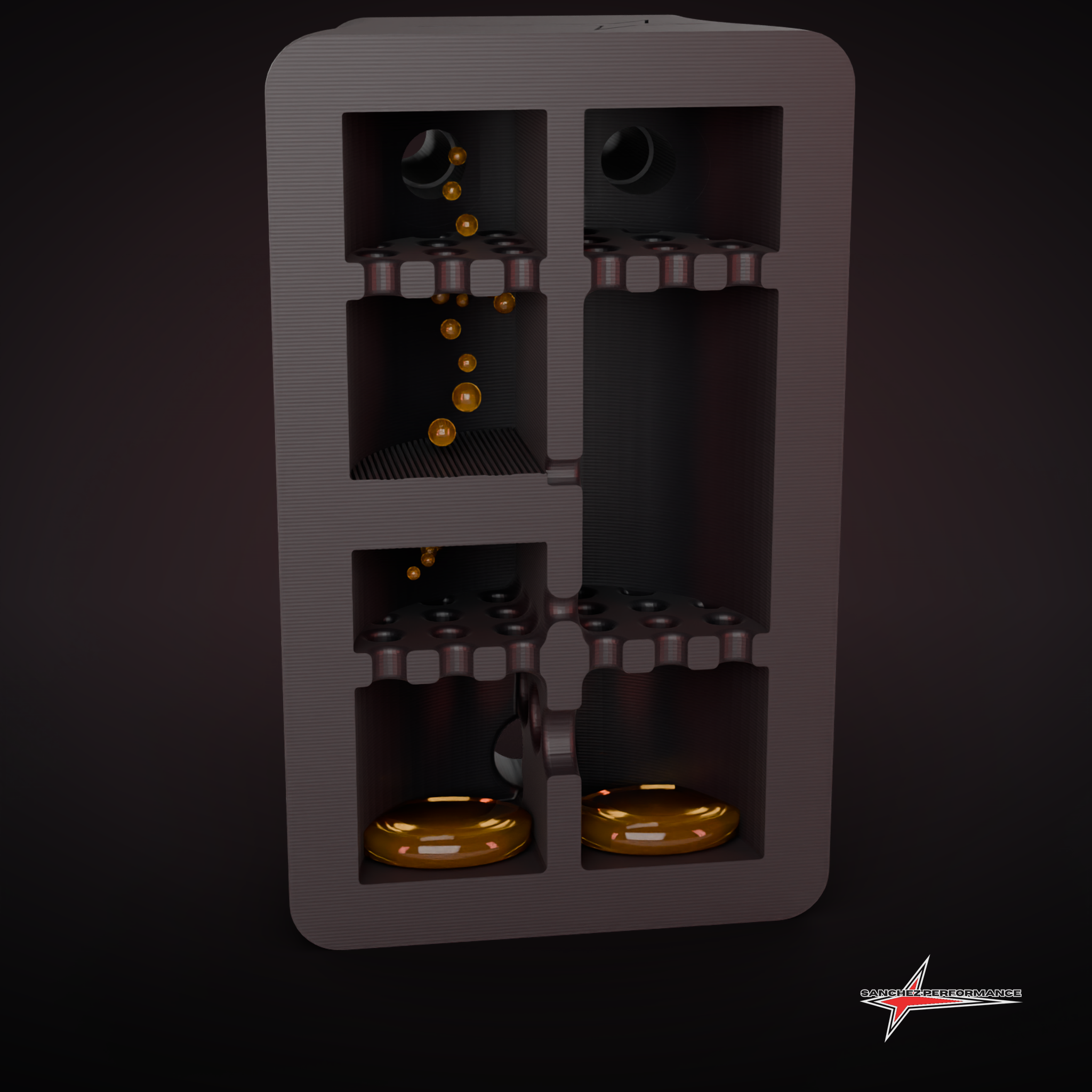 Cross-section render of the PRESION catch can showing oil mist condensing on the baffles and draining into pools at the base