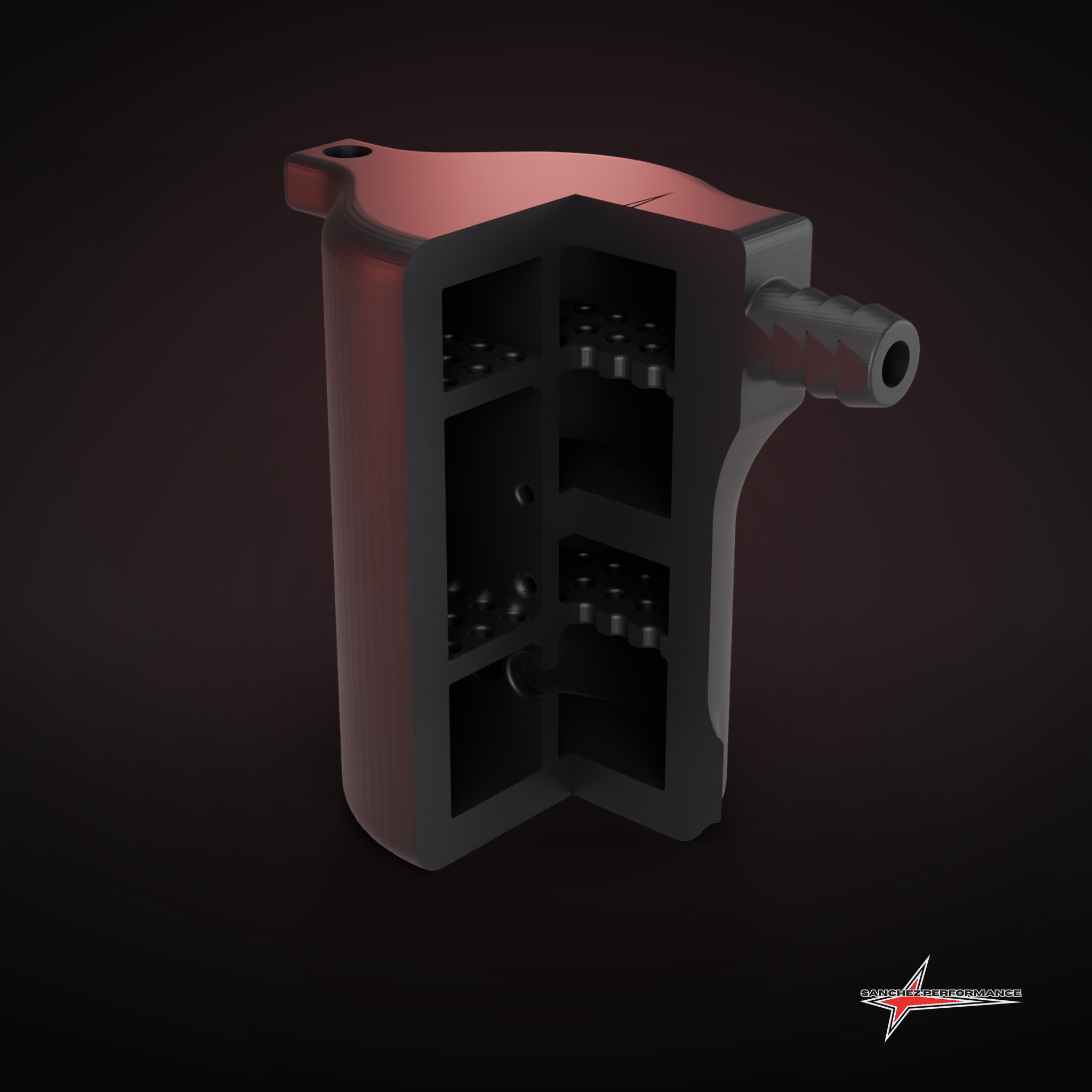 Quarter cutaway render of the PRESION catch can showing the multi-stage internal baffle columns and hose barb