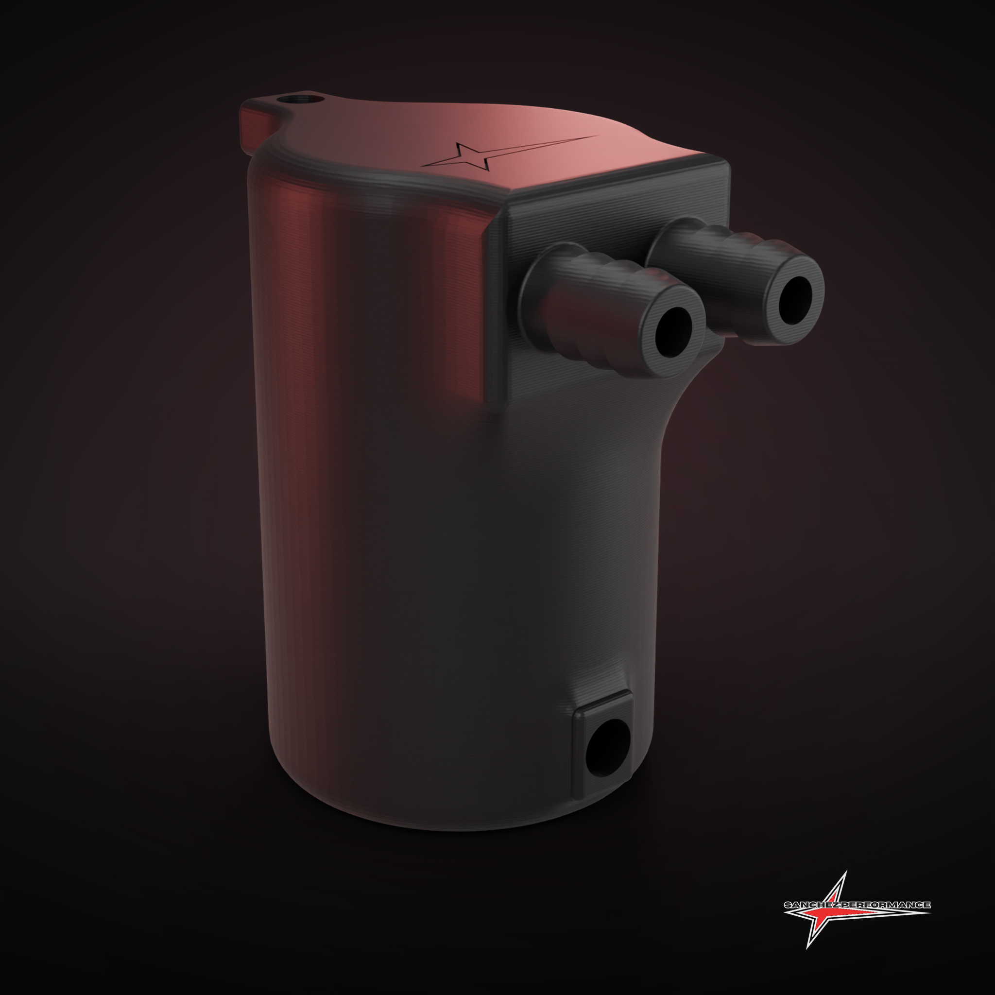 Render of the PRESION carbon fiber oil catch can exterior with dual hose barbs and drain port